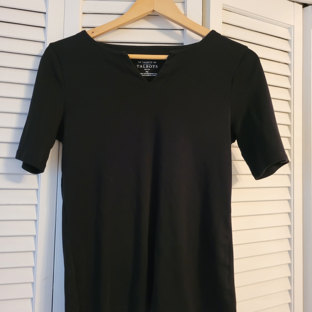 Talbots Black Short Sleeved Tee With Split Neck Detail Size MP